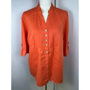 Alexandra Bartlett 100% Linen Blouse 2x Orange Pleated Vintage Cruise Summer